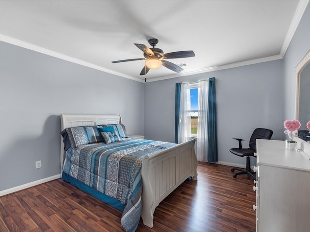 bedroom with ornamental molding, dark hardwood / wood-style flooring, and ceiling fan