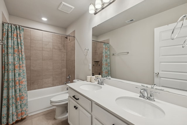 full bathroom featuring tile patterned flooring, vanity, toilet, and shower / bathtub combination with curtain