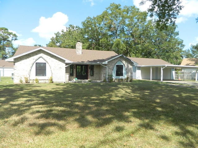 ranch-style house with brick siding, a shingled roof, a carport, a chimney, and a front yard