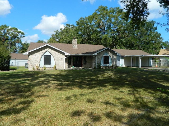 single story home with a shingled roof, a chimney, fence, a front yard, and brick siding