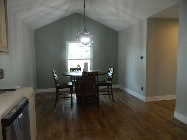 dining area featuring an inviting chandelier, baseboards, vaulted ceiling, and dark wood-style flooring