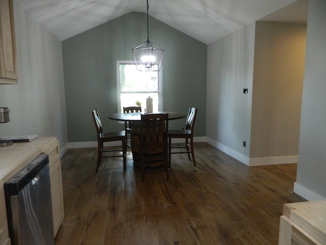 dining space featuring lofted ceiling, dark wood-style flooring, baseboards, and an inviting chandelier