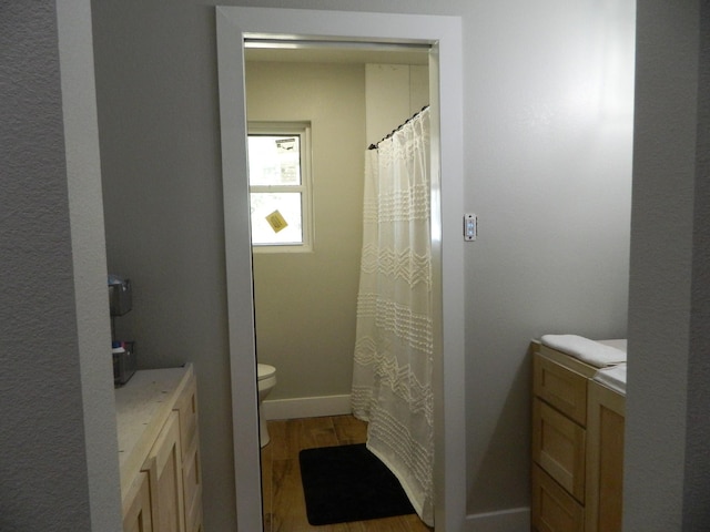 bathroom featuring baseboards, vanity, toilet, and wood finished floors