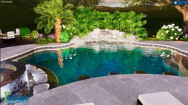 outdoor pool with a patio and fence