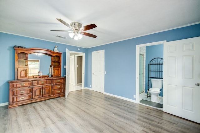 bedroom featuring ensuite bath, ceiling fan, crown molding, and light wood-type flooring