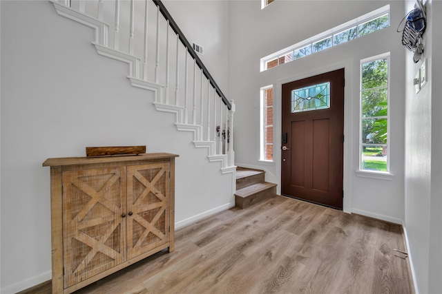 foyer featuring a high ceiling, light hardwood / wood-style floors, and a healthy amount of sunlight