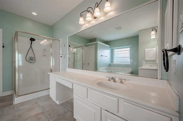 bathroom with separate shower and tub, tile patterned flooring, and vanity