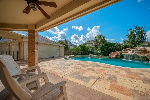 20807 Twisted Leaf Dr, Cypress, TX 77433 - view of swimming pool featuring a patio, a ceiling fan, a pool with connected hot tub, and a fenced backyard