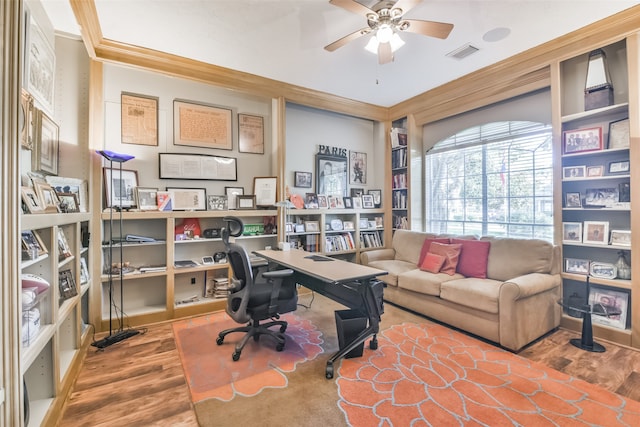 office with ornamental molding, ceiling fan, and hardwood / wood-style floors