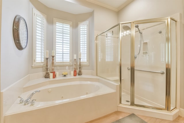 bathroom with plus walk in shower and ornamental molding