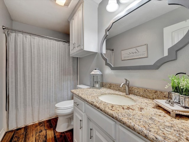 bathroom featuring wood-type flooring, vanity, toilet, and curtained shower