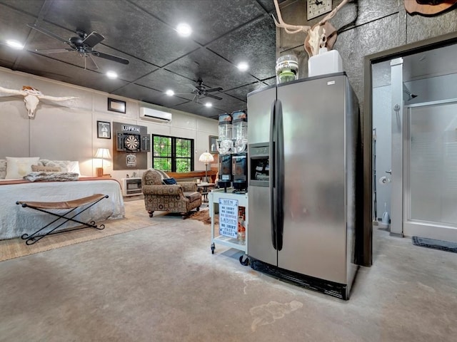 kitchen with stainless steel refrigerator with ice dispenser, ceiling fan, concrete flooring, and a wall unit AC