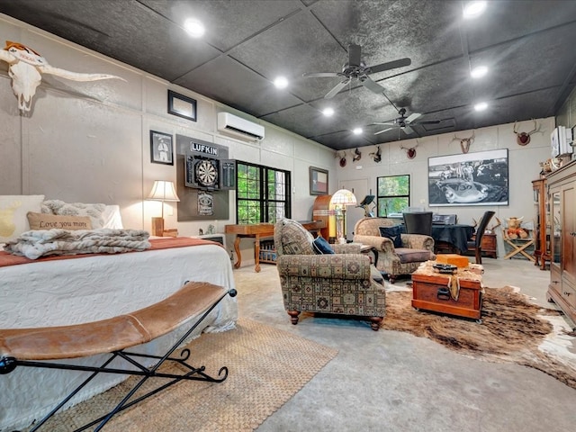 bedroom with concrete flooring, ceiling fan, and a wall mounted AC