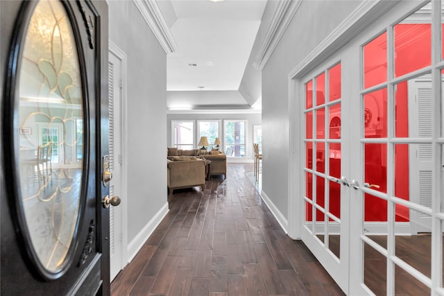 hallway with french doors, a tray ceiling, and dark wood-type flooring