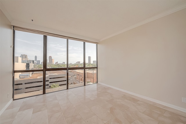 empty room with crown molding and expansive windows