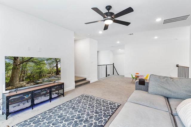 11915 Parsifal Creek Rd, Humble, TX 77346 - carpeted living room featuring baseboards, visible vents, ceiling fan, and recessed lighting