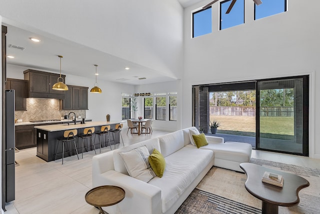 tiled living room with sink