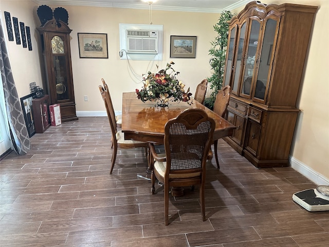 dining area with a wall unit AC, crown molding, and dark hardwood / wood-style flooring