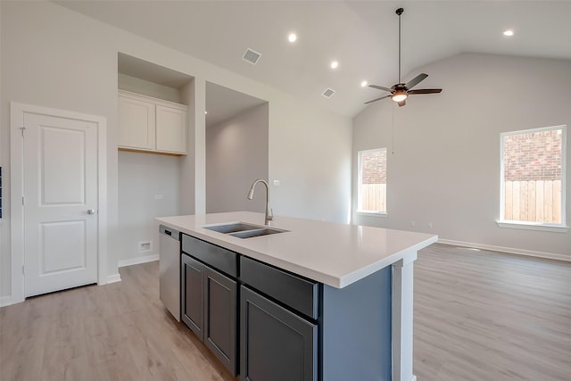 910 Rosewood Trl, Beasley, TX 77417 - kitchen with white cabinetry, light countertops, a sink, visible vents, and a ceiling fan