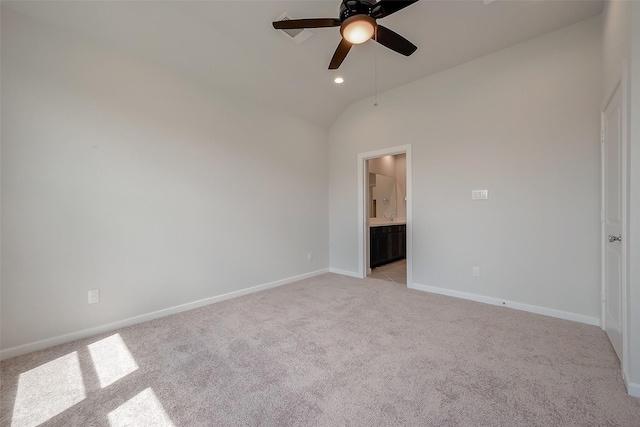 910 Rosewood Trl, Beasley, TX 77417 - unfurnished room featuring baseboards, ceiling fan, recessed lighting, lofted ceiling, and light colored carpet