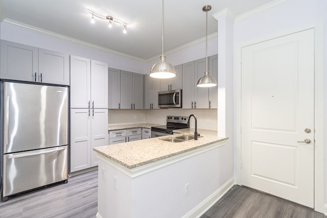 kitchen with light hardwood / wood-style flooring, stainless steel appliances, kitchen peninsula, and sink