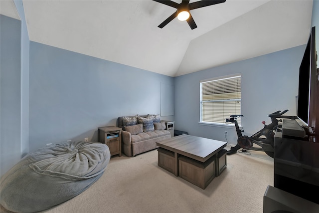 living room featuring light carpet, lofted ceiling, and ceiling fan