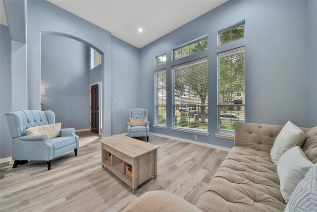 living room with light wood-type flooring, a high ceiling, and plenty of natural light