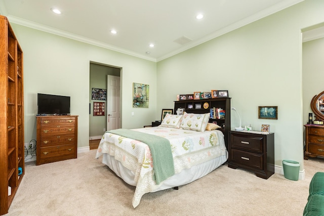 53 Island Psge, Galveston, TX 77554 - bedroom featuring light carpet, crown molding, and recessed lighting