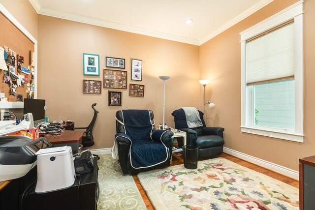 home office with ornamental molding and hardwood / wood-style flooring