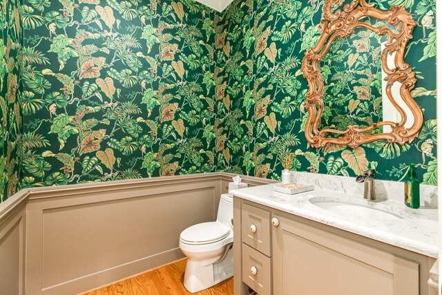53 Island Psge, Galveston, TX 77554 - half bathroom with vanity, wainscoting, toilet, wallpapered walls, and wood finished floors