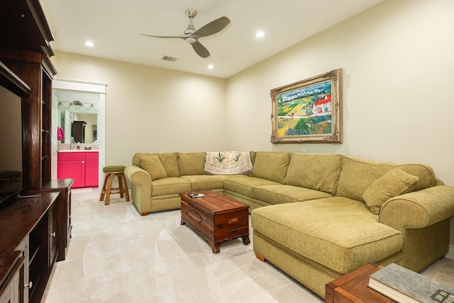 53 Island Psge, Galveston, TX 77554 - living area featuring light colored carpet, visible vents, recessed lighting, and a ceiling fan