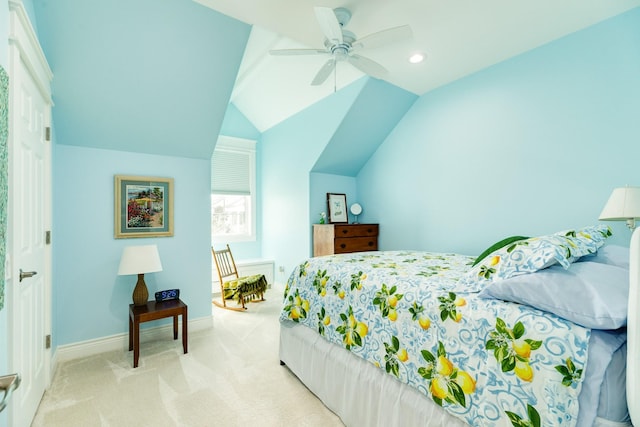 53 Island Psge, Galveston, TX 77554 - bedroom featuring carpet flooring, baseboards, recessed lighting, a ceiling fan, and lofted ceiling