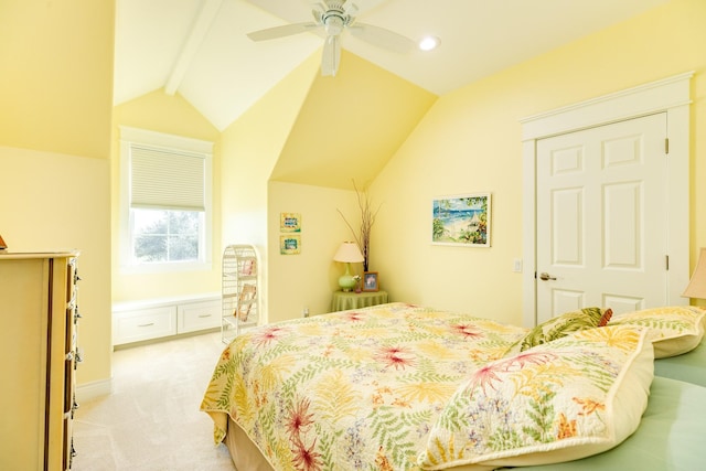 53 Island Psge, Galveston, TX 77554 - bedroom featuring a ceiling fan, lofted ceiling with beams, light colored carpet, and recessed lighting