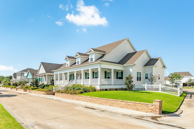53 Island Psge, Galveston, TX 77554 - view of front facade with a front yard, fence, a residential view, a shingled roof, and a porch