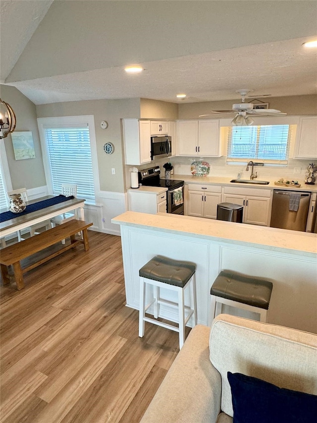 kitchen featuring stainless steel appliances, white cabinetry, ceiling fan, and a healthy amount of sunlight