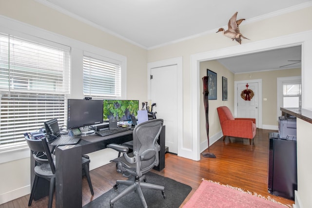 home office with wood-type flooring, ornamental molding, and a wealth of natural light