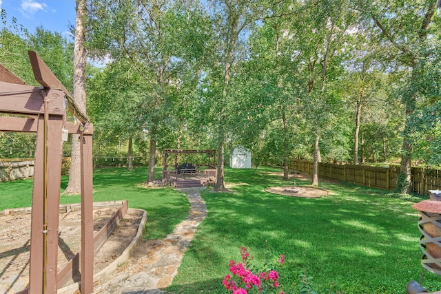 view of yard with a storage shed