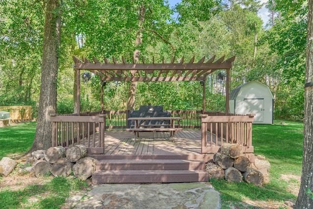 wooden deck with a storage shed, a pergola, and a yard