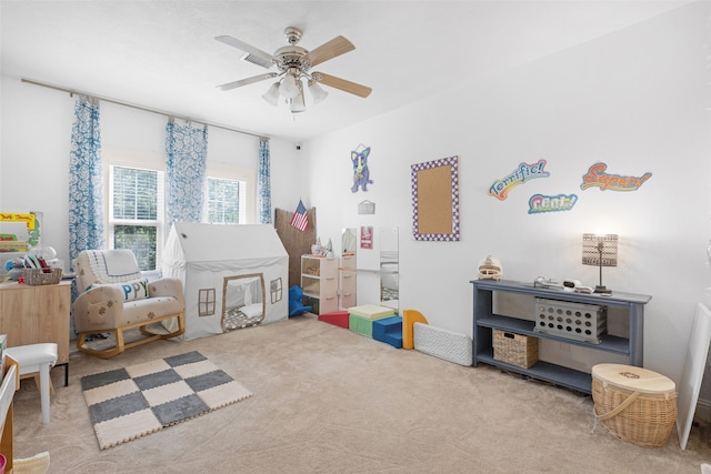 game room featuring ceiling fan and carpet floors