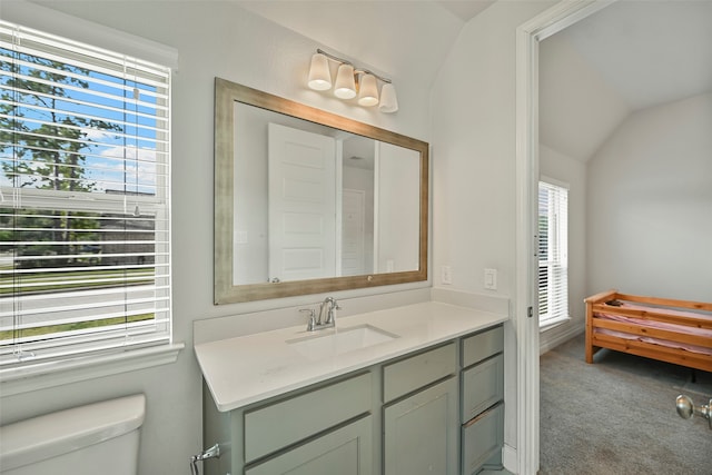 bathroom featuring vanity, toilet, and vaulted ceiling