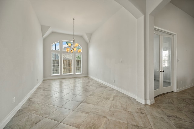 unfurnished dining area with lofted ceiling and a notable chandelier