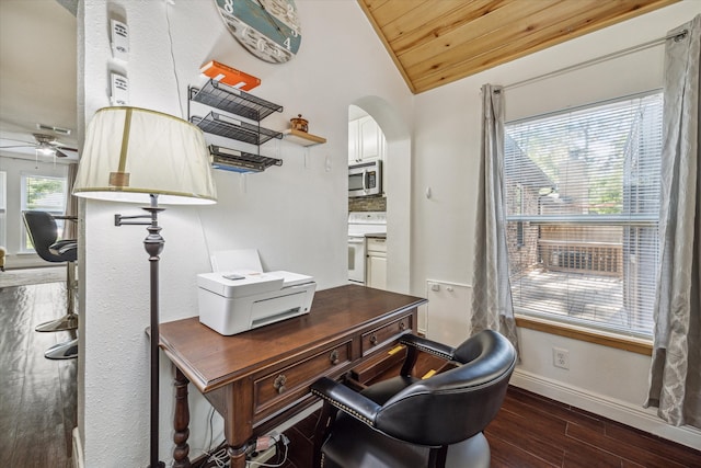 office area with ceiling fan, wood ceiling, lofted ceiling, and dark hardwood / wood-style flooring