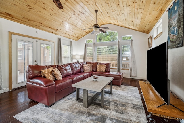 living room featuring ceiling fan, dark hardwood / wood-style flooring, wooden ceiling, vaulted ceiling, and french doors