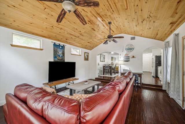 living room with ceiling fan, wooden ceiling, lofted ceiling, and dark hardwood / wood-style flooring