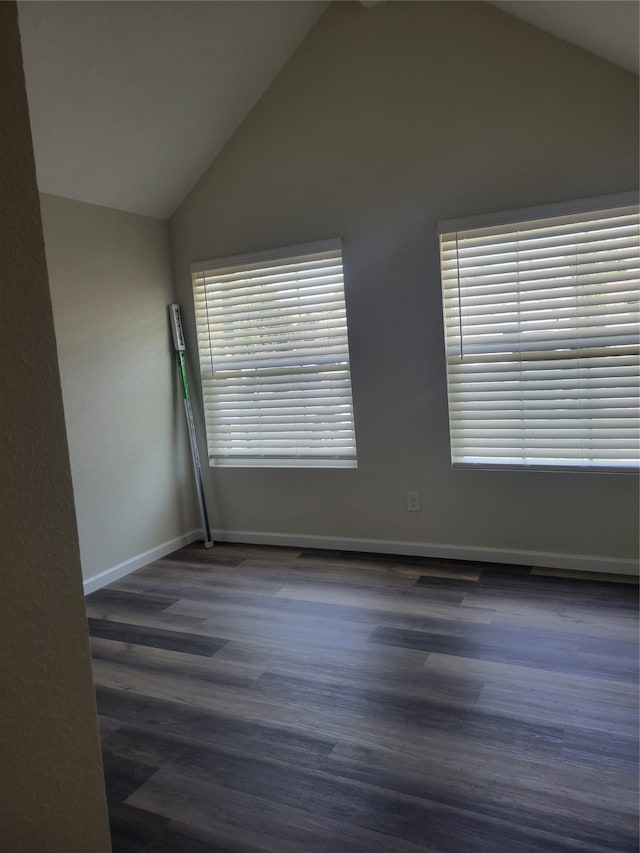 unfurnished room featuring high vaulted ceiling and dark hardwood / wood-style flooring