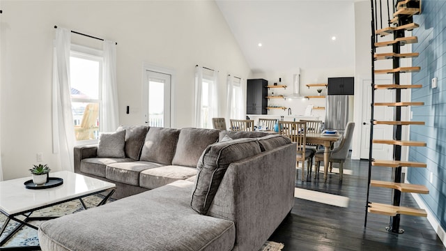 living room with high vaulted ceiling and dark hardwood / wood-style floors