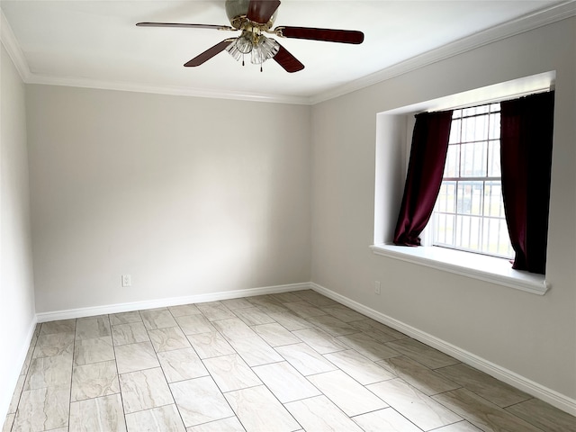 unfurnished room with ceiling fan and crown molding