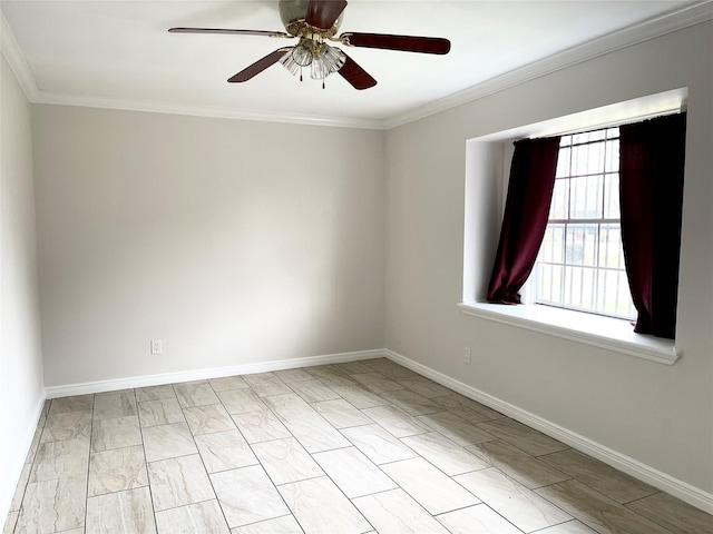 unfurnished room with baseboards, ornamental molding, and a ceiling fan
