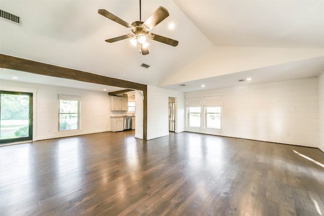 unfurnished living room featuring dark hardwood / wood-style floors, ceiling fan, and high vaulted ceiling