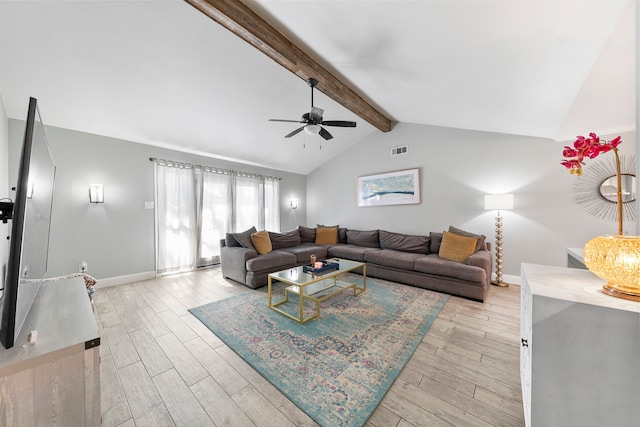 living room featuring light hardwood / wood-style flooring, vaulted ceiling with beams, and ceiling fan